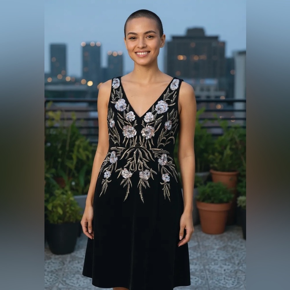 Elegant Black Floral Embellished Dress